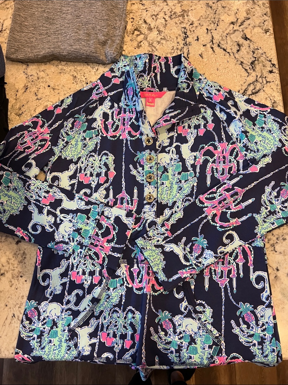Lilly Pulitzer Navy Multicolor Printed Button-Up pullover